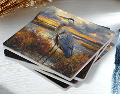 Blue Heron Coaster Set of 4, Coastal Bird Art Coasters, Marshland Sunset Landscape Ceramic Drink Coaster Set