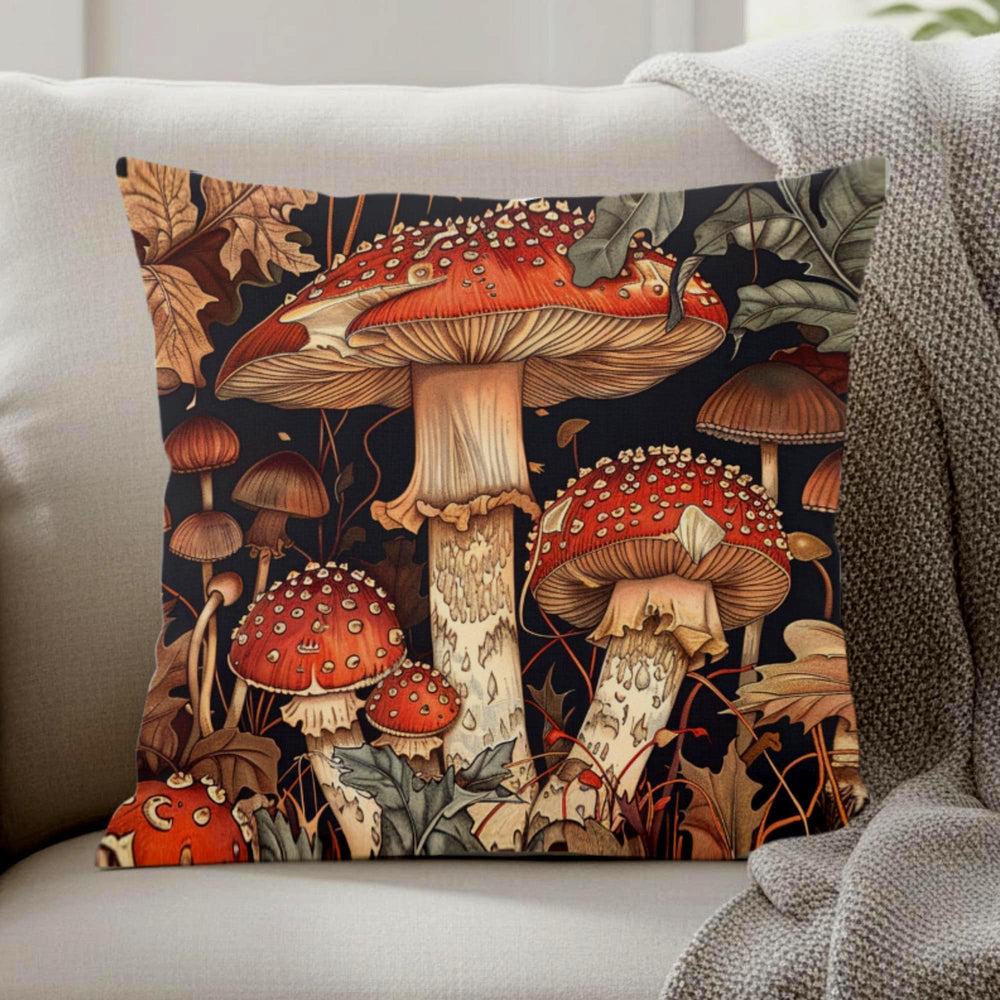 Red Mushroom Forest Pillow, William Morris Botanical Cushion, Whimsical Nature Throw Pillow, Woodland Home Accent, Autumn Pillowcase Gift