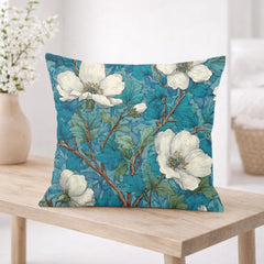 White Magnolia Pillow, Teal Botanical Floral Throw Pillow, Vintage Garden Cushion, Elegant Nature Pillowcase, Classic Cottage Decor