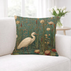 White Heron Marsh Pillow, Vintage Wetland Bird Throw Pillow, Elegant Nature Cushion, Botanical Water Garden Pillowcase, Serene Cottage Decor