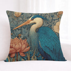 Blue Heron Floral Pillow, Vintage Botanical Bird Throw Pillow, Elegant Nature Cushion, William Morris Style Pillowcase, Cottagecore Decor