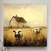 Rustic Farmhouse Canvas Wall Art, Vintage Country Scene, Cows And Barn Decor, Nature Inspired Home Accent, Farmhouse Style Wall Hanging