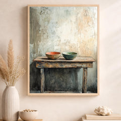 Neutral Kitchen Portrait, Rustic Still Life Wall Art Print, Minimal Farmhouse Canvas Decor, Vintage Table Artwork