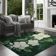 White Gardenia Area Rug, Dark Green Botanical Carpet, Elegant Floral Floor Decor, Nature Inspired Living Room Rug, Cottage Style Accent