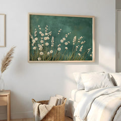 White Floral Botanical Wall Art, Minimalist Teal Background Print, Modern Nature Decor