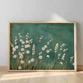 White Floral Botanical Wall Art, Minimalist Teal Background Print, Modern Nature Decor