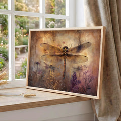 Vintage Dragonfly Wall Art, Botanical Insect Print, Rustic Garden Framed Canvas, Cottage Farmhouse Home Decor, Nature Inspired Accent
