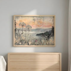 Neutral Wildflower Wall Art, Misty Lake Landscape Print, Rustic Cottage Framed Canvas, Farmhouse Botanical Home Decor, Serene Nature Accent