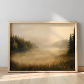 Golden Mist Landscape Wall Art, Moody Forest Field Print, Rustic Country Decor