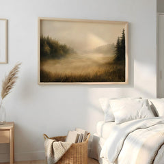 Golden Mist Landscape Wall Art, Moody Forest Field Print, Rustic Country Decor