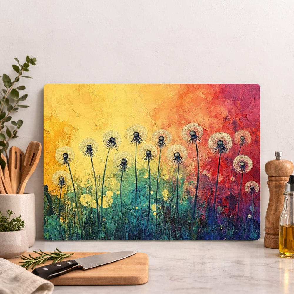 Dandelion Glass Cutting Board, Rainbow Floral Kitchen Decor, Artistic Wildflower Prep Board, Decorative Kitchen Board