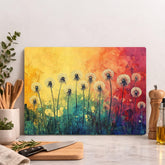 Dandelion Glass Cutting Board, Rainbow Floral Kitchen Decor, Artistic Wildflower Prep Board, Decorative Kitchen Board