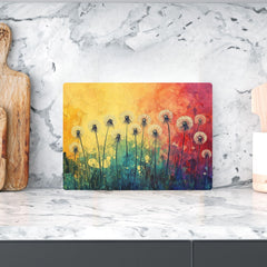 Dandelion Glass Cutting Board, Rainbow Floral Kitchen Decor, Artistic Wildflower Prep Board, Decorative Kitchen Board