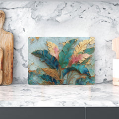 Tropical Leaves Glass Cutting Board, Gold Botanical Kitchen Decor, Tropical Kitchen Prep Board