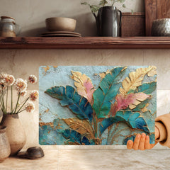 Tropical Leaves Glass Cutting Board, Gold Botanical Kitchen Decor, Tropical Kitchen Prep Board