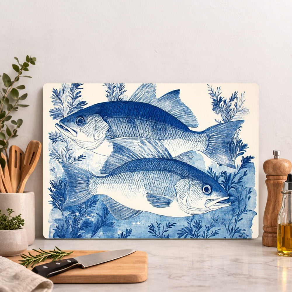 Blue Fish Glass Cutting Board, Coastal Fish Kitchen Decor, Nautical Seafood Prep Board