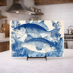 Blue Fish Glass Cutting Board, Coastal Fish Kitchen Decor, Nautical Seafood Prep Board