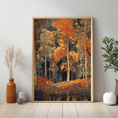 Golden Forest Wall Art Print, Autumn Trees Canvas, Rustic Nature Decor, Woodland Landscape Art, Warm Fall Home Decor Gift