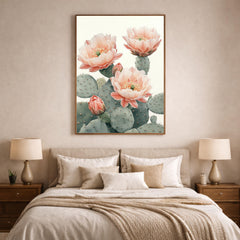 Desert Bloom Cactus Wall Art Print, Soft Neutral Botanical Canvas Decor, Large Framed Canvas Wall Decor Gift, Modern Feminine Home Art Print
