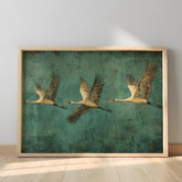Flying Crane Wall Art, Teal Bird Artwork, Modern Wildlife Home Decor, Bird Canvas Print