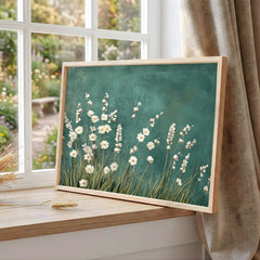 White Floral Botanical Wall Art, Minimalist Teal Background Print, Modern Nature Decor