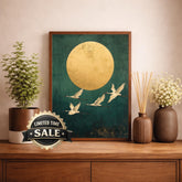 Gold Sun Crane Wall Art Print, Serene Bird Flight Canvas Decor, Minimal Oriental Living Room Wall Decor, Large Framed Nature Wall Art Print