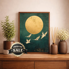 Gold Sun Crane Wall Art Print, Serene Bird Flight Canvas Decor, Minimal Oriental Living Room Wall Decor, Large Framed Nature Wall Art Print