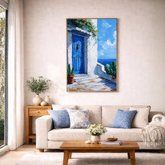 Seaside Blue Doorway Wall Art Print, Large Framed Sunlit Coastal Entry Canvas Decor, Mediterranean Living Room Wall Decor, European Home Art
