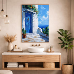 Seaside Blue Doorway Wall Art Print, Large Framed Sunlit Coastal Entry Canvas Decor, Mediterranean Living Room Wall Decor, European Home Art