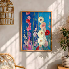 Blue Floral Wall Art, Vibrant Garden Flower Print, Rustic Cottage Framed Canvas, Botanical Home Decor, Colorful Bloom Accent