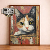 Rustic Kitten Portrait Wall Art Print, Vintage Farmhouse Cat Canvas Decor, Cozy Cottage Living Room Wall Decor, Large Framed Animal Wall Art