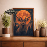 Lunar Stag Portrait Wall Art Print, Ember Moon Deer Canvas Decor, Night Forest Living Room Wall Decor, Rustic Cabin Animal Wall Art