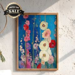 Blue Floral Wall Art, Vibrant Garden Flower Print, Rustic Cottage Framed Canvas, Botanical Home Decor, Colorful Bloom Accent