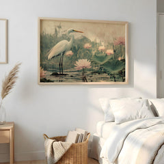 White Heron Wall Art Landscape, Serene Bird Nature Canvas Print, Water Lily Pond Wildlife Decor, Coastal Cottage Wall Art