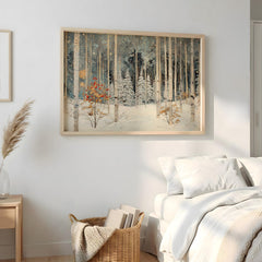 Winter Birch Forest Wall Art Landscape, Snow Woodland Canvas Print, Rustic Cabin Winter Decor, Nature Forest Wall Art