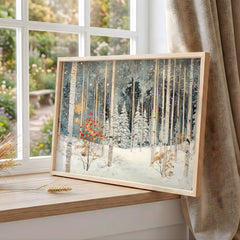 Winter Birch Forest Wall Art Landscape, Snow Woodland Canvas Print, Rustic Cabin Winter Decor, Nature Forest Wall Art