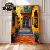 Spanish Courtyard Wall Art, Yellow Villa Door Framed Canvas, Mediterranean Patio Floral Artwork Print, Vibrant Rustic Home Decor