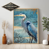 Blue Heron Wall Art, Coastal Bird Canvas Print, Nautical Wildlife Framed Artwork, Beach House Decor, Serene Nature Home Accent