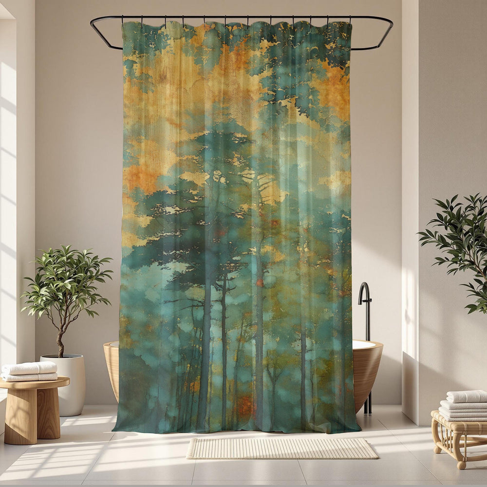 Moody Forest Shower Curtain, Misty Woodland Bathroom Decor, Dark Green Nature Bath Panel, Rustic Cabin House Curtain