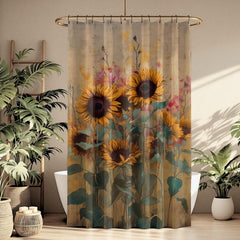 Rustic Sunflower Shower Curtain, Soft Floral Bathroom Decor, Vintage Farmhouse Bath Panel, Yellow Flower Curtain Gift