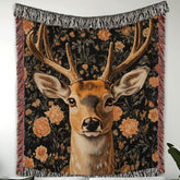Woodland Deer Woven Blanket, William Morris Inspired Throw Blanket, Cozy Vintage Nature Sofa Bed Blanket, Cottagecore Living Room Accent