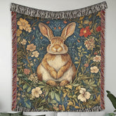 Woodland Rabbit Woven Blanket, Cottagecore Throw Blanket Couch, Woven Cotton Blanket, William Morris Inspired Blanket, Cozy Picnic Blanket