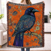 Raven Floral Woven Blanket, Gothic Botanical Bird Art Throw, Bold Nature Tapestry