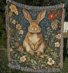Woodland Rabbit Woven Blanket, Cottagecore Throw Blanket Couch, Woven Cotton Blanket, William Morris Inspired Blanket, Cozy Picnic Blanket