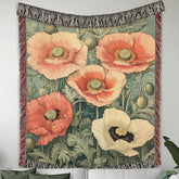 William Morris Inspired Blanket, Vintage Floral Blanket, Picnic Blanket, Woven Cotton Blanket, Cozy Reading Blanket, Poppies Throw Blanket