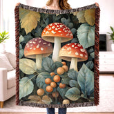 Vintage Mushroom Botanical Woven Blanket, Forest Fungi Art Throw, Cozy Woodland Tapestry