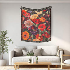 Poppy Woven Blanket, Bold Floral Tapestry, Garden Inspired Cozy Decorative Throw