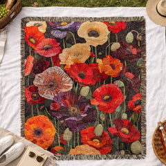 Poppy Woven Blanket, Bold Floral Tapestry, Garden Inspired Cozy Decorative Throw