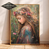 Vintage Girl Portrait Wall Art, Floral Crown Canvas, Whimsical Cottagecore Artwork, Soft Feminine Decor, Dreamy Child Print for Nursery
