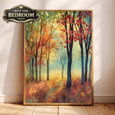 Autumn Forest Path Wall Art, Rustic Woodland Canvas Print, Fall Landscape Artwork, Vintage Nature Scene, Cozy Cottage Decor for Bedroom